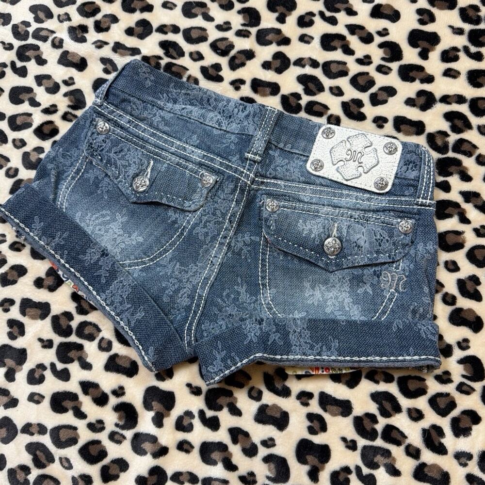 Miss Me Y2K Low Rise Cuffed Denim Shorts Embroidered Flap Pocket Baroque Size 25